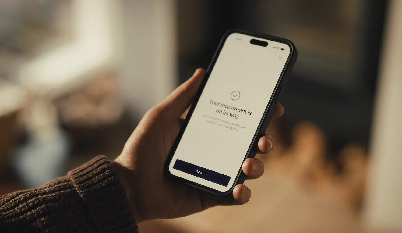 Hand holding a smartphone with the Sidekick app investment screen